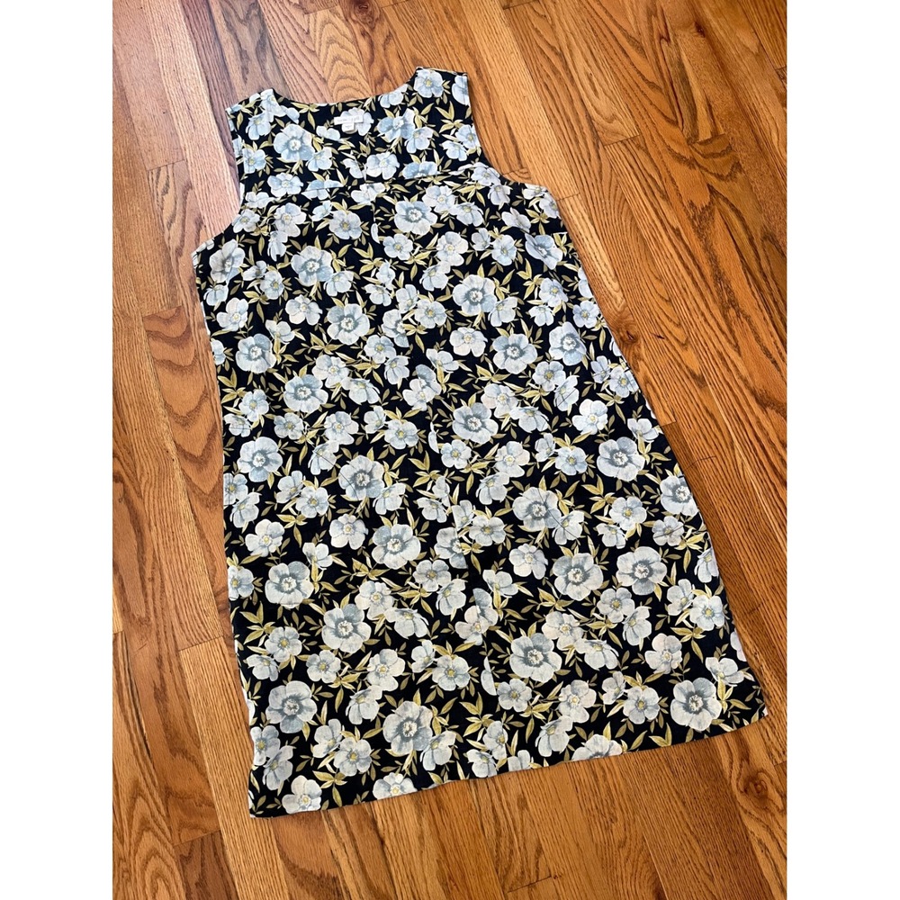 J. Jill Love Linen Navy Blue Floral Sleeveless Shift Dress Pockets Womens M
